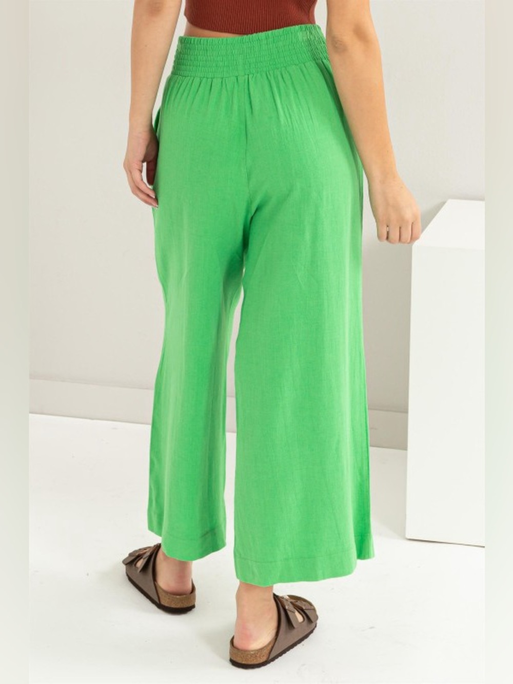 Linen Blend Wide Leg Pants High Rise Smocked Waist Kelly Green L - Picture 5 of 6